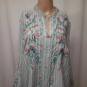 Johnny Was Workshop Multicolor Long Sleeve Striped Embroidered Blouse LS Size S